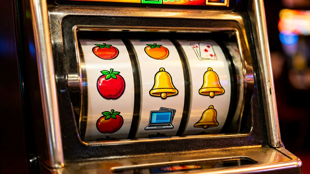 Slot Machine ၏ ဆလော့ရီးလ်များပေါ်တွင် အသီးသင်္ကေတ၊ ခေါင်းလောင်းသင်္ကေတနှင့် ကတ်သင်္ကေတများ ပြသနေပုံ