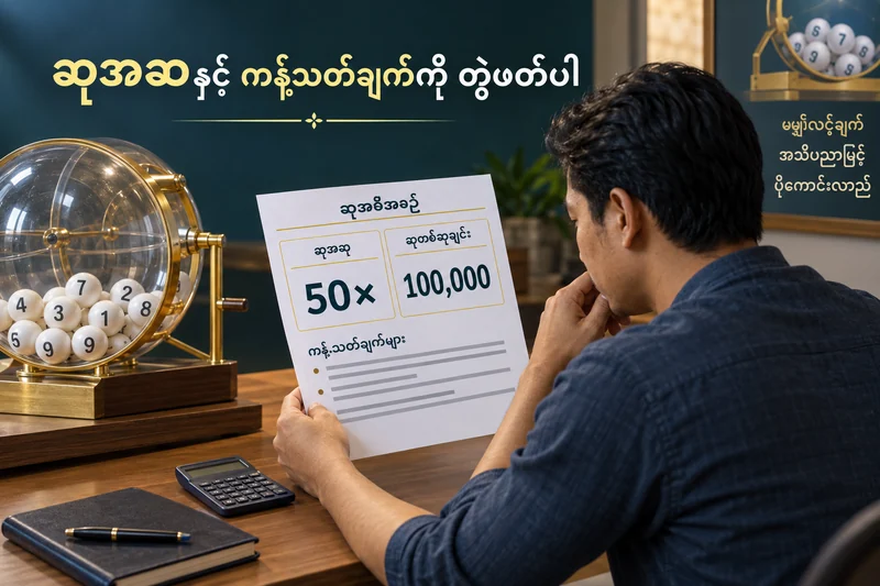 ထီဆု 50 ဆဆိုပေမဲ့ Cap နှင့် ကြေးရှိလျှင် ဘယ်လောက်ပြန်ရမလဲ — စိတ်ကူးထီဆိုင်ရာ သရုပ်ဖော်ပုံ။