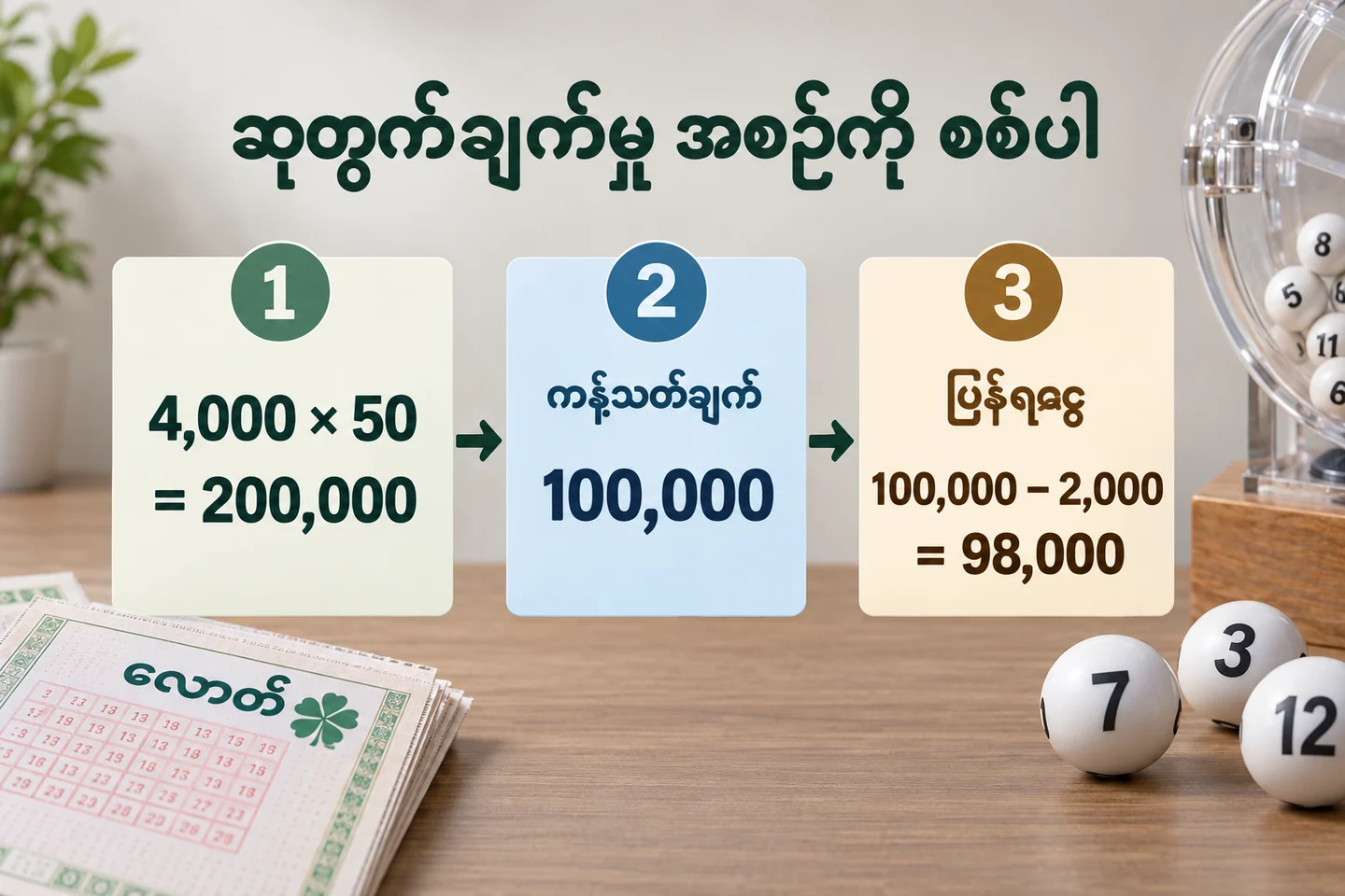 ဆုအဆနှင့် ကန့်သတ်ချက်ကို အစဉ်လိုက်တွက်နည်း ကိုပြထားသော စိတ်ကူးသင်္ချာနှင့် စာရင်းပုံ။