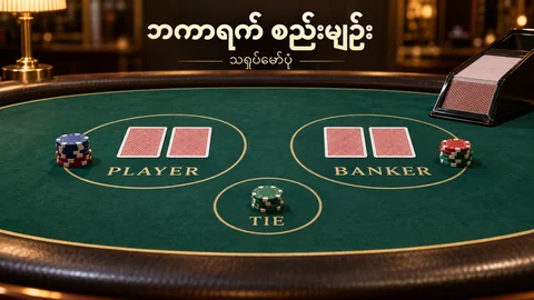 Baccarat စားပွဲပေါ် ကတ်လက်နှစ်ခုနှင့် main၊ side bet နေရာများ သရုပ်ဖော်ပုံ